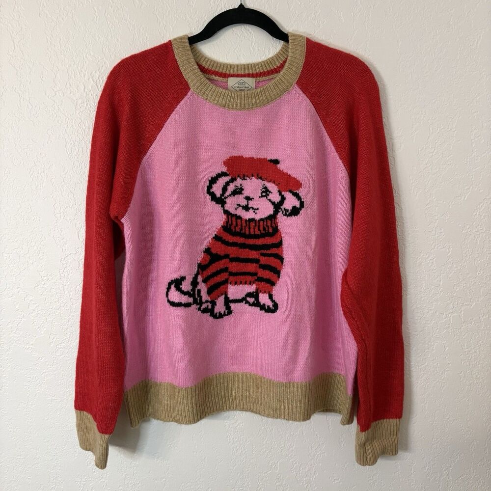 Women’s Preppy Puppy Dog Sweater With French Beret Hat Sz XL Red And Pink